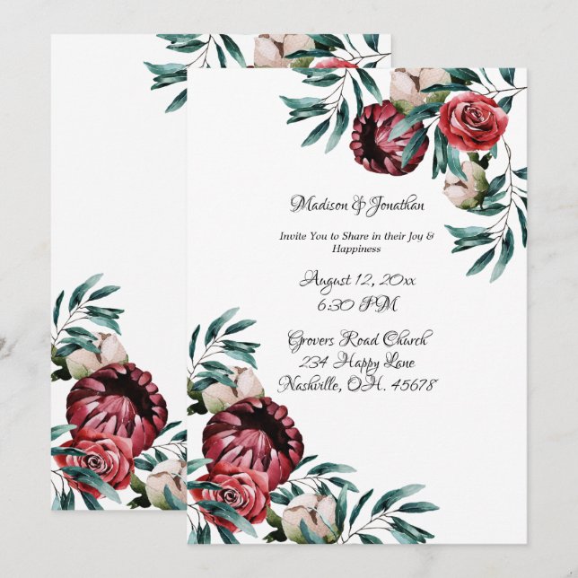 Red Roses Watercolor Elegant Script Wedding Invitation (Front/Back)