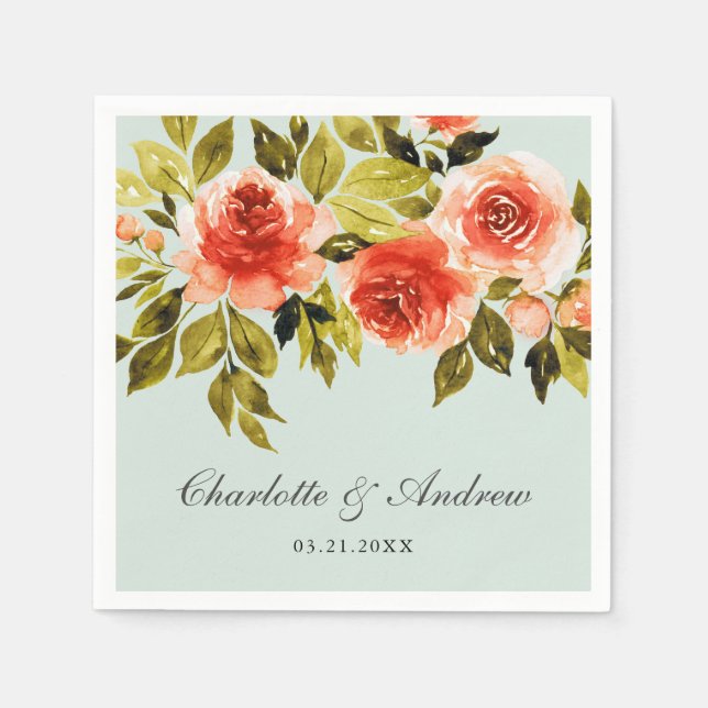 Red Roses Watercolor Mint Green Wedding Napkin (Front)