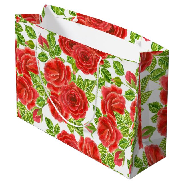 Red roses watercolor seamless pattern large gift bag (Back Angled)
