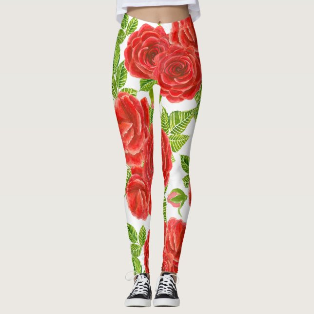 Red roses watercolor seamless pattern leggings (Front)