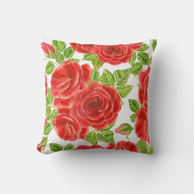 Red roses watercolor seamless pattern throw pillow (Front)
