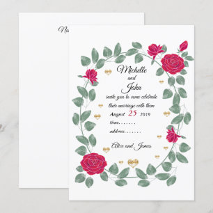 Red roses wedding bouquet, Bridal shower Invitation