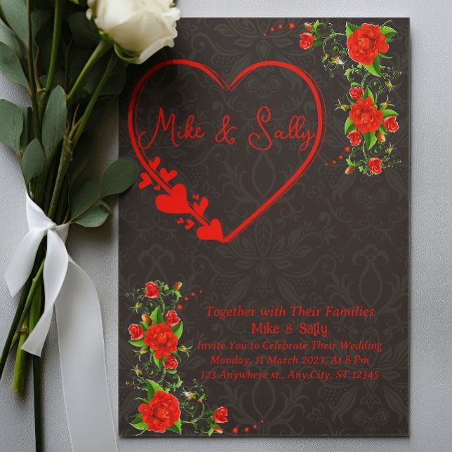 Red Roses Wedding Invitation Wording (Red Roses Wedding Invitation, Red floral wedding invitation, Red wedding invite, Red flowers and gre)