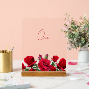 Red Roses Wedding Table Number Acrylic Sign
