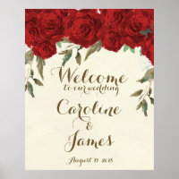 Red roses wedding welcome reception sign poster