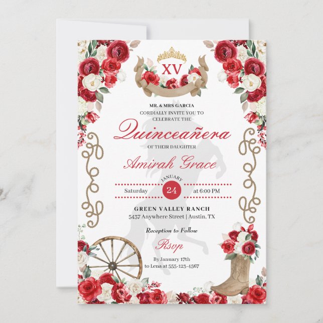 Red Roses Western Cowgirl Quinceañera Invitation (Devant)