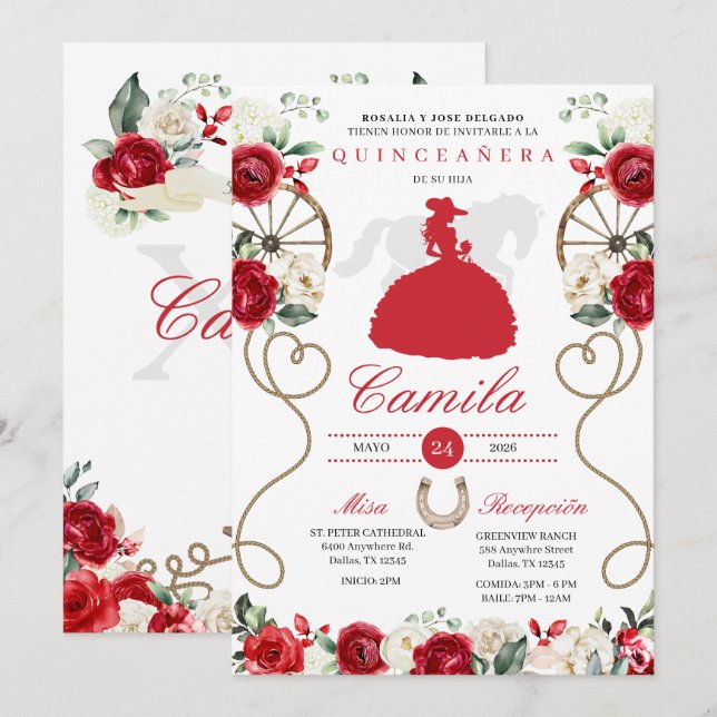 Red Roses Western Mariachi Charro Quinceañera Invitation (Front/Back)