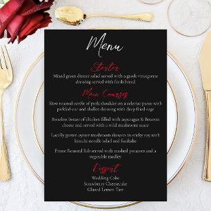 Red Roses White Black Wedding Menu