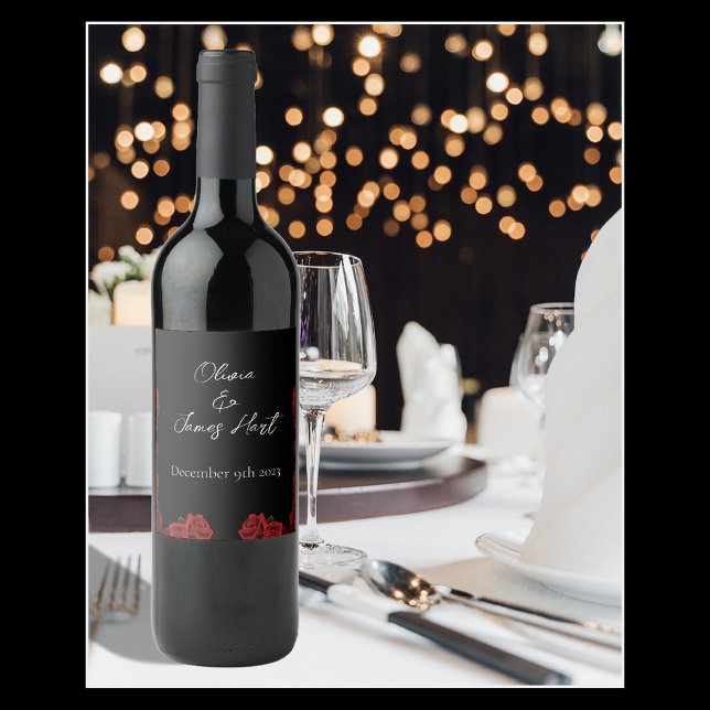 Red Roses White Black Wedding Wine Label (Creator Uploaded)