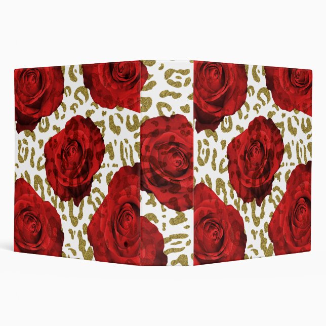 Red Roses White Gold Cheetah Leopard Animal Print Binder (Background)