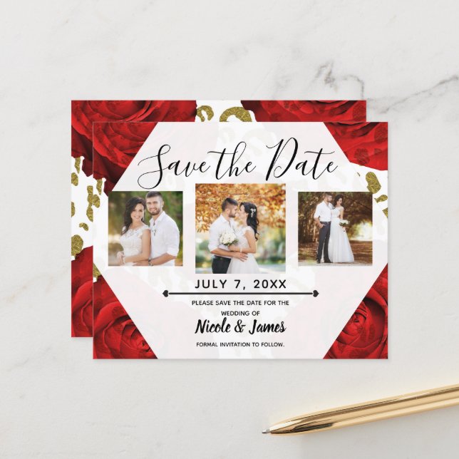 Red Roses White Gold Cheetah Leopard Save the Date (Front/Back In Situ)