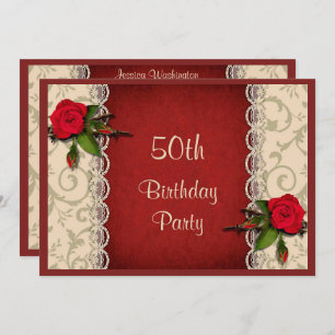 Red Roses & White Lace 50th Birthday Party Invitation