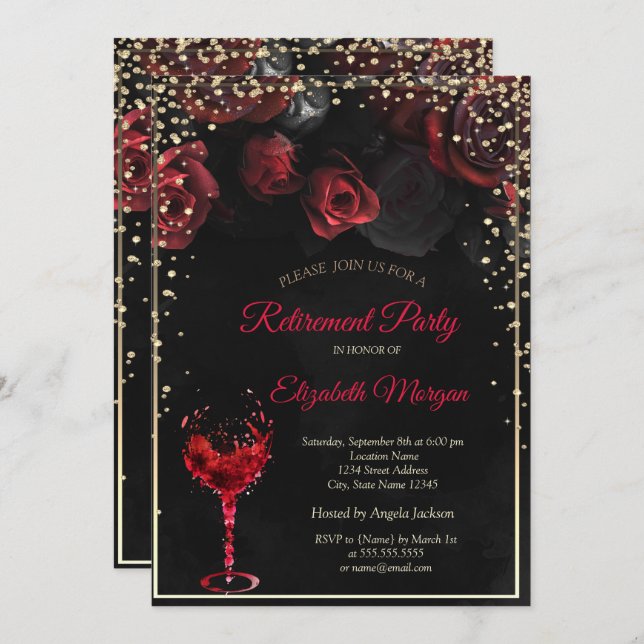 Red Roses,Wine Glass Retirement Part  Invitation (Front/Back)