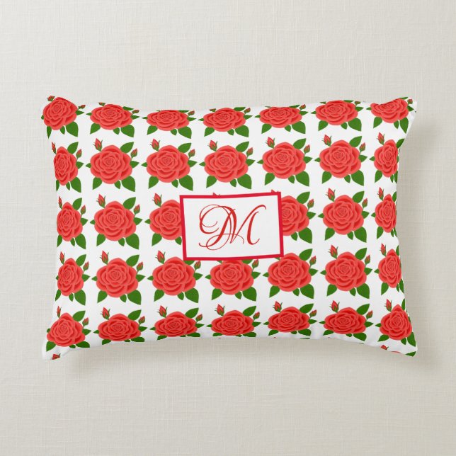 Red Roses with Buds Monogram Accent Pillow (Front)