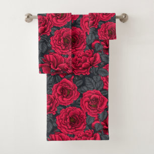 Red roses with gray leaves on black bath towel set