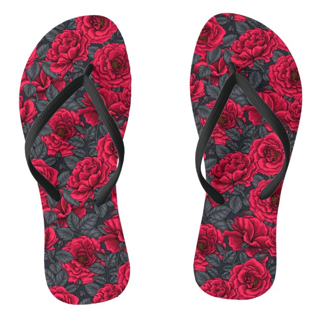 Red roses with gray leaves on black flip flops (Footbed)