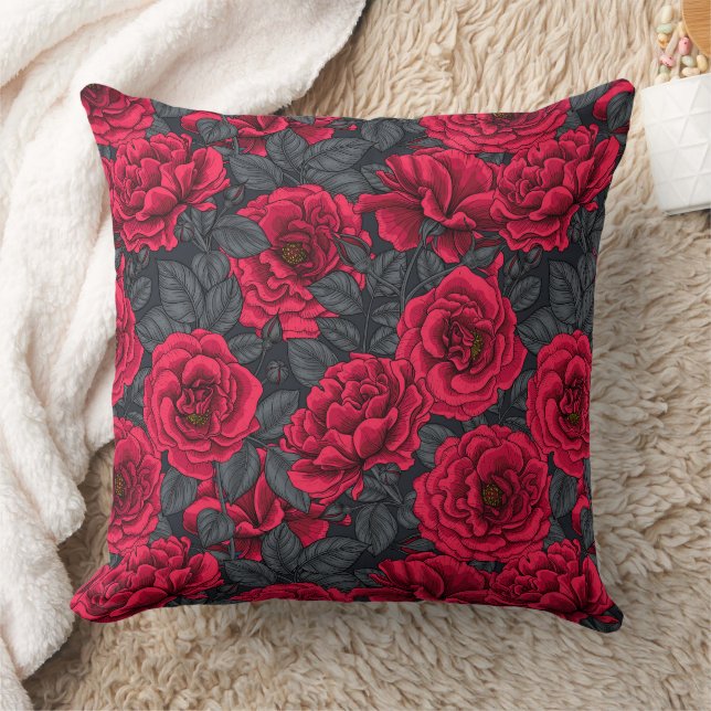 Red roses with gray leaves on black throw pillow (Blanket)