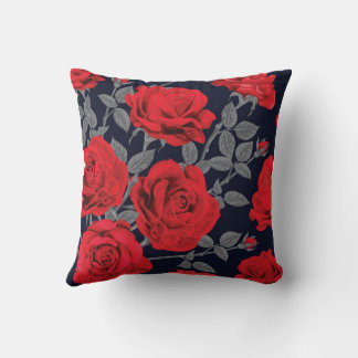 red roses with grey leaves navy blue background. throw pillow