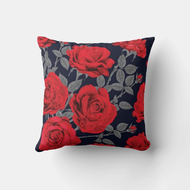 red roses with grey leaves navy blue background. throw pillow (Back)