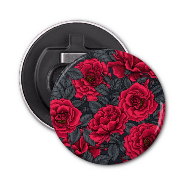 Red roses with grey leaves on black bottle opener (Front)