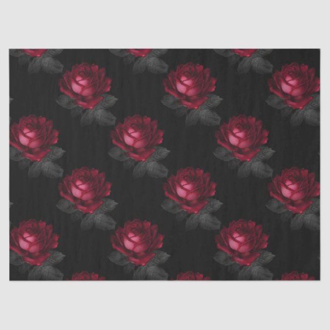Red Roses with Grey Leaves on Black Decoupage Tissue Paper (Front)