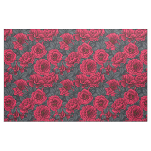 Red roses with grey leaves on black fabric