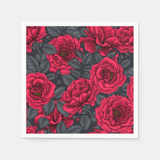 Red roses with grey leaves on black napkin (Front)