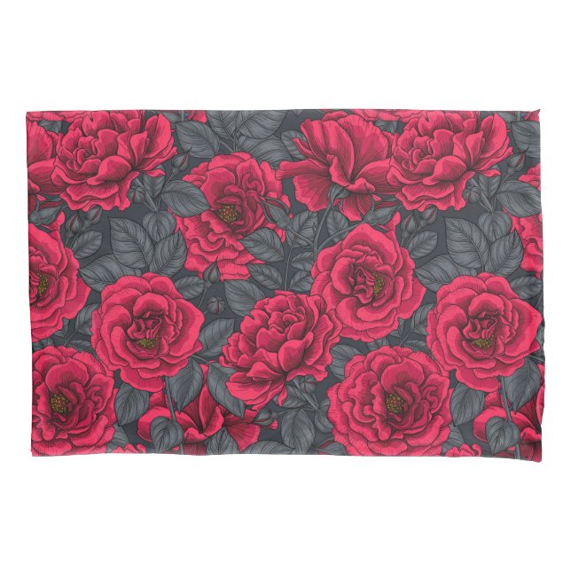 Red roses with grey leaves on black pillowcase (Front-Left)