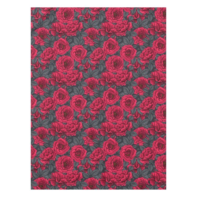Red roses with grey leaves on black tablecloth (Front)
