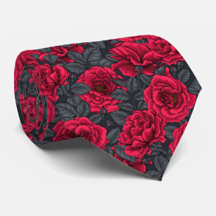 Red roses with grey leaves on black tie