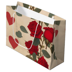 Red Roses with Hearts Pattern Romantic Large Gift Bag