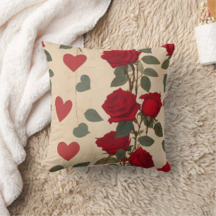 Red Roses with Hearts Pattern Romantic Throw Pillow