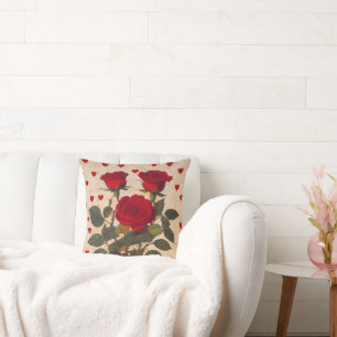 Red Roses with Hearts Valentine Romantic Throw Pillow