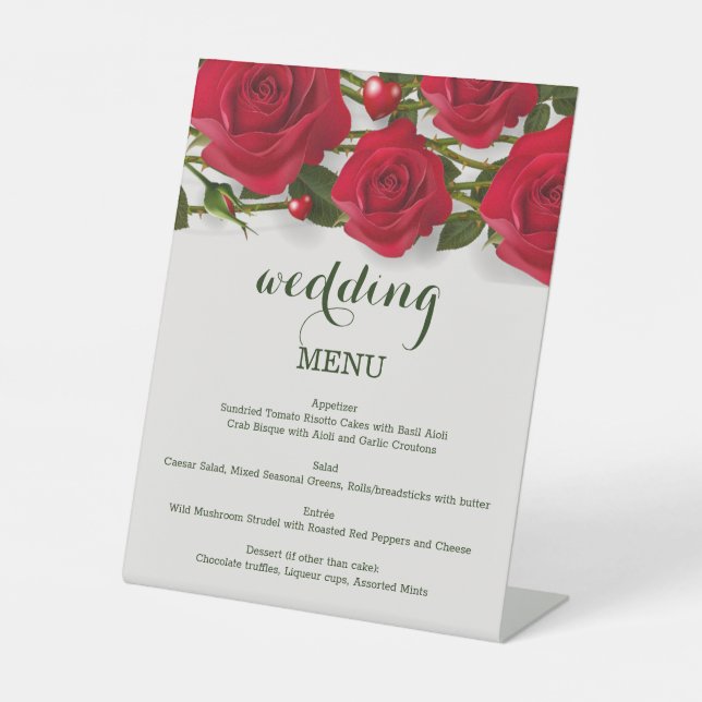 Red roses with hearts Wedding Menu Pedestal Sign (Front)