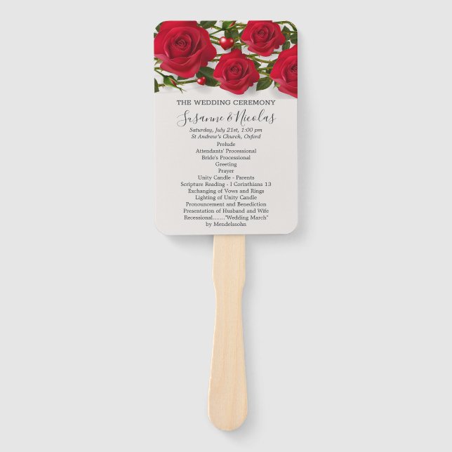 Red roses with hearts  Wedding program Hand Fan (Front)