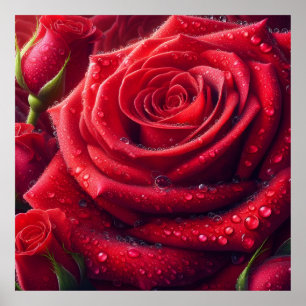 Red roses with raindrops poster
