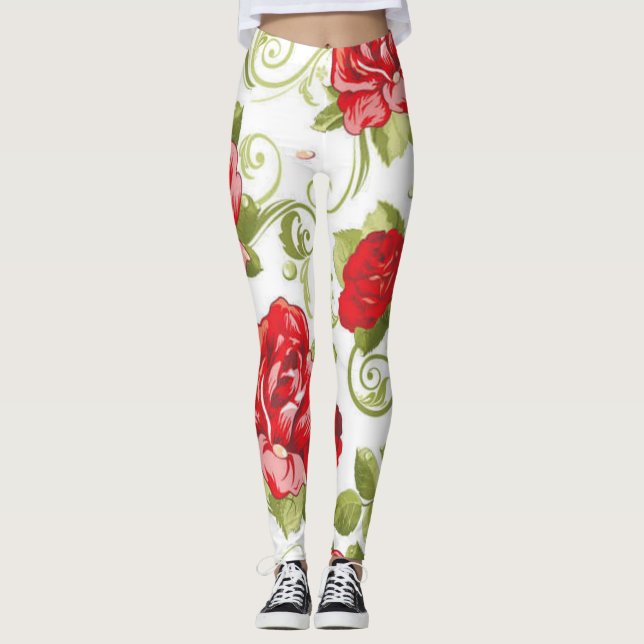 Red Roses with Swirling Tendrils. Leggings (Front)