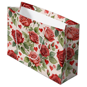 Red Roses with Valentine Hearts Pattern Romantic Large Gift Bag