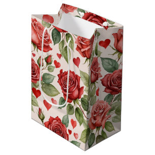 Red Roses with Valentine Hearts Pattern Romantic Medium Gift Bag