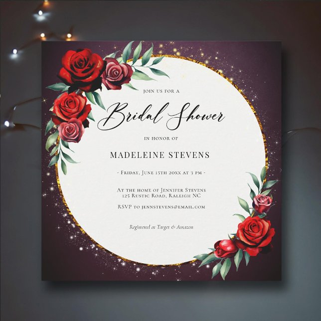 Red Roses Wreath Moody Purple Gold Glitter Bridal Invitation (moody dark purple romantic red roses bridal shower invitation gold glitter modern elegant boho flora)