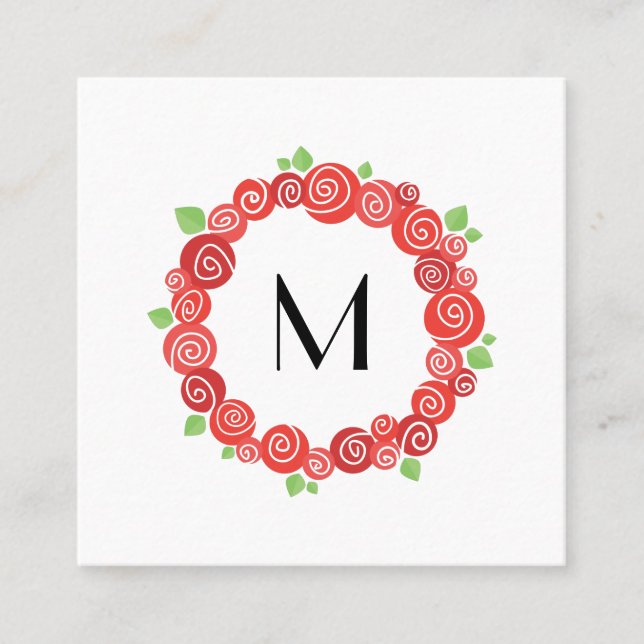 Red roses wreath spring garden blossom cute square business card (Front)
