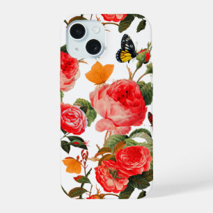RED ROSES,YELLOW BUTTERFLIES White Floral iPhone 15 Case