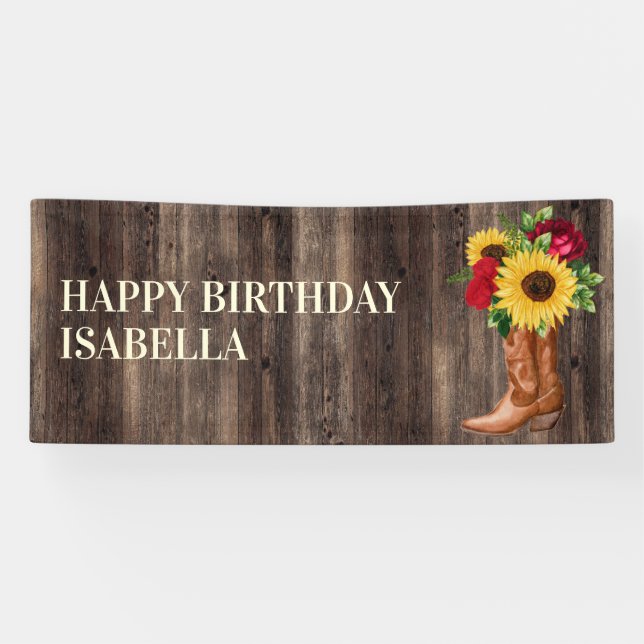 Red Roses Yellow Sunflowers Boots Wood Birthday Banner (Horizontal)