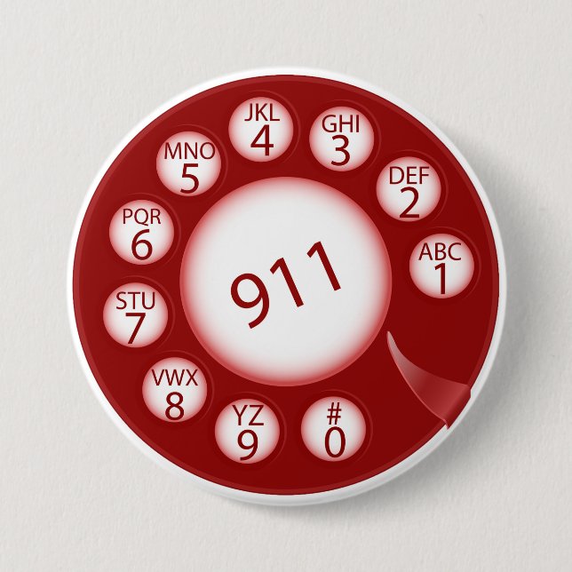 Red Rotary Phone Dial 911 Emergency Number 3 Inch Round Button (Front)