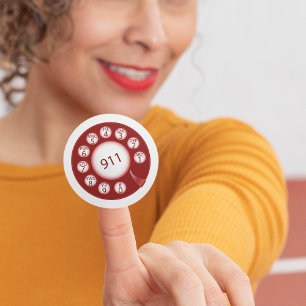 Red Rotary Phone Dial 911 Emergency Number Classic Round Sticker