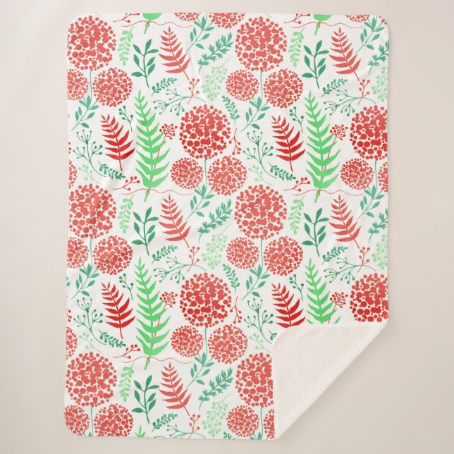 Red round flowers green leaves pattern sherpa blanket (Front)
