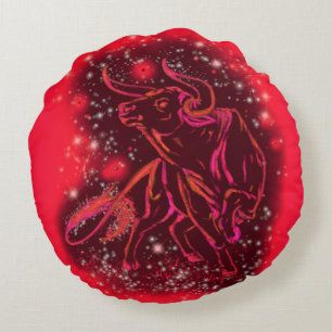 Red Round Pillow Bull Running At Starry Night