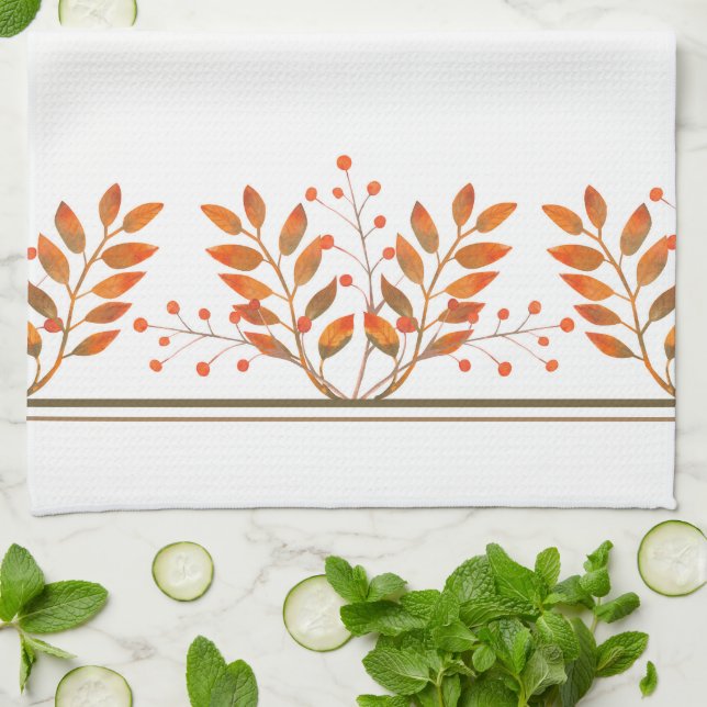 Red Rowan Berries & Gold Leaves Kitchen Towel (Folded)