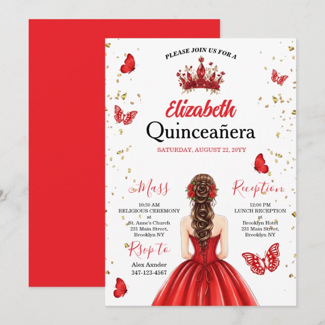 Red Royal Butterfly Quinceañera Invitation (Front/Back)
