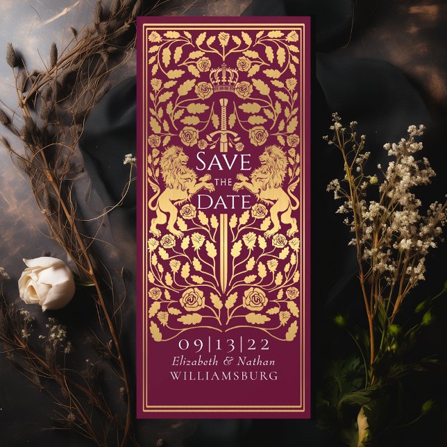 Red Royal Lion Medieval Gold Wedding Save the Date Invitation (Creator Uploaded)